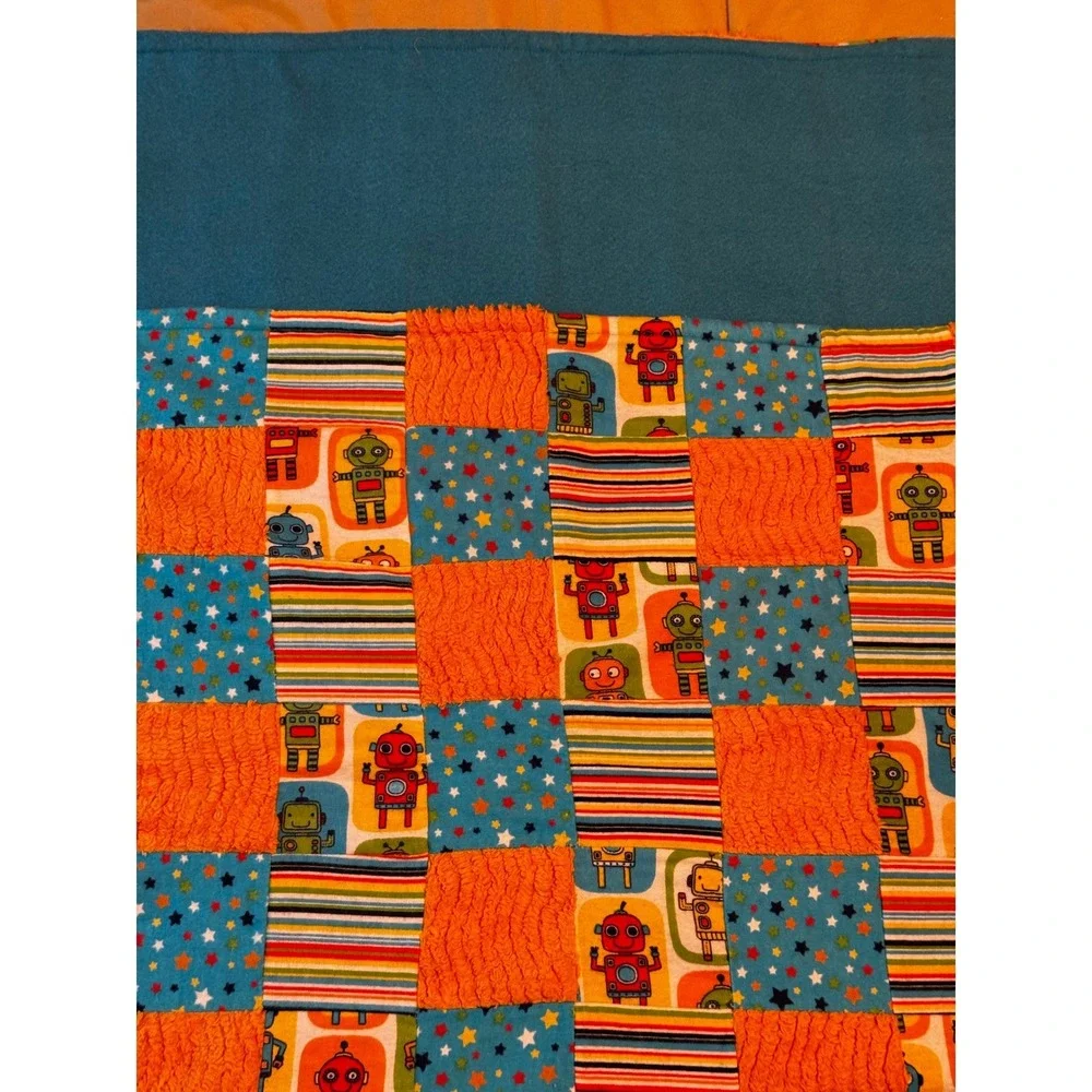 Child Robot Patchwork Blanket Teal Orange Minky Fleece Sensory Quilt